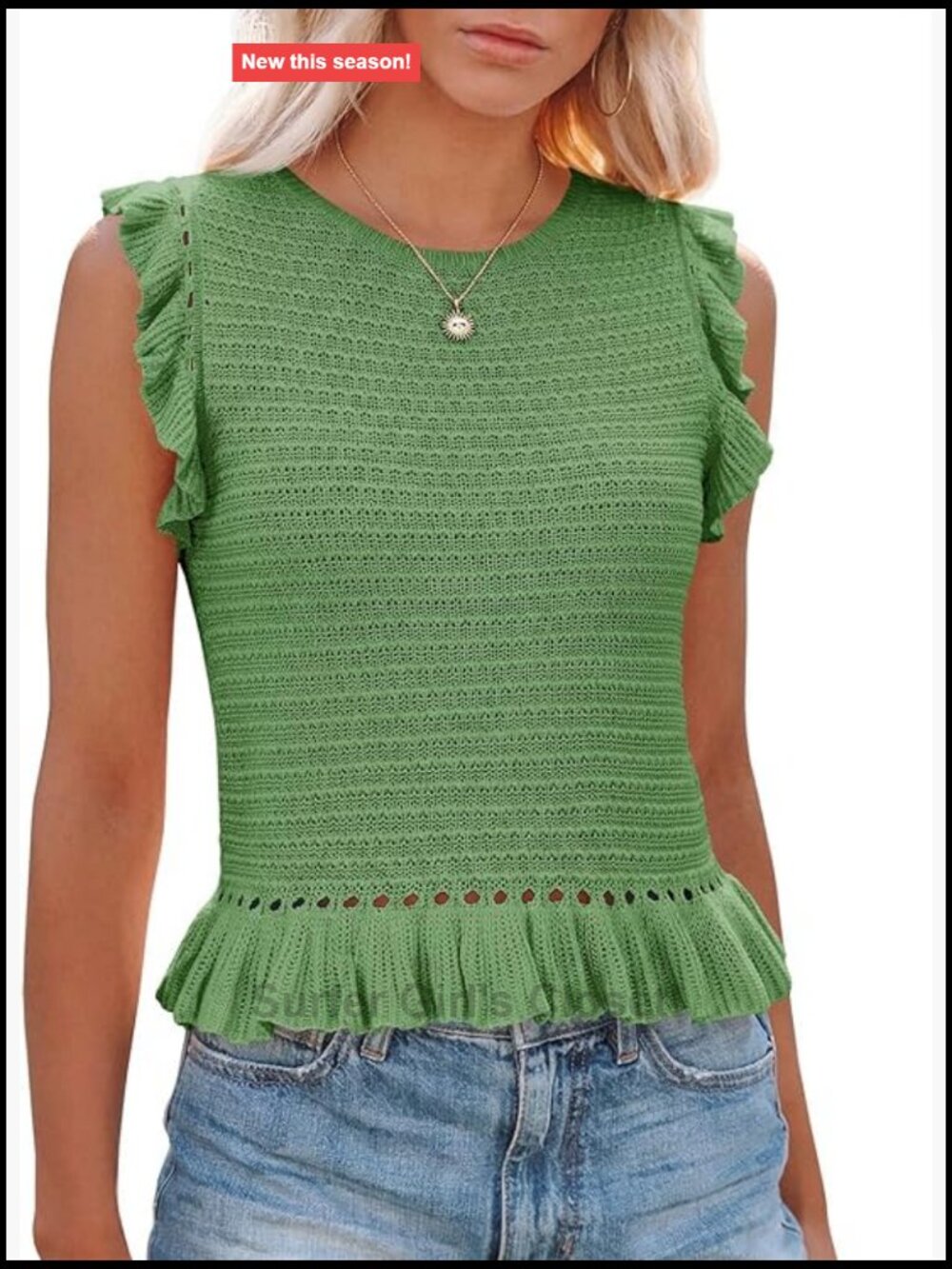 Women's Knit Crochet Sleeveless Ruffle Cami Tank Top